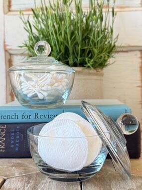 Set/2 Anchor Hocking “Presence Clear”Apothecary, Trinket, Sugar Bowls, 8oz, 4”